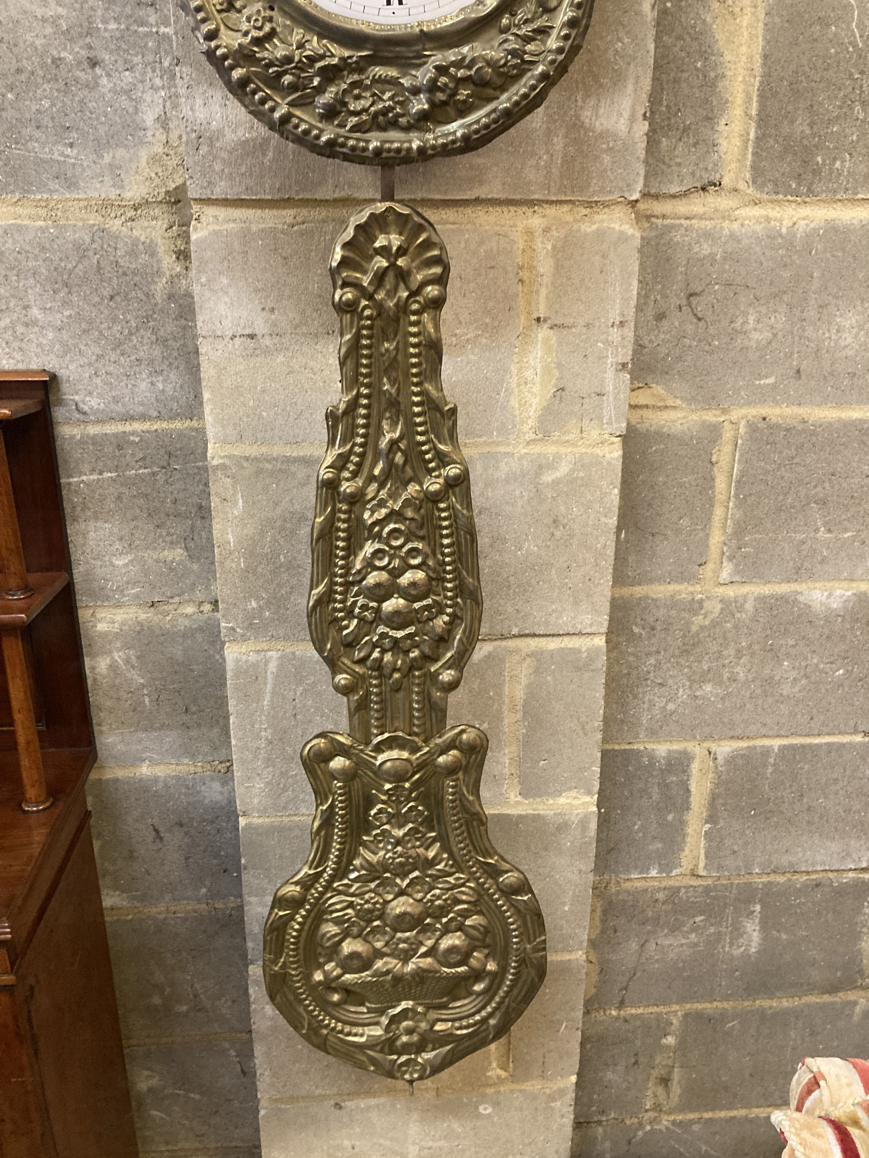 A 19th century French longcase clock dial and pendulum, dial 24cm diameter